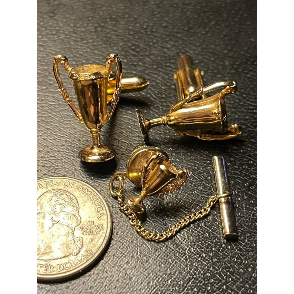 Vintage Swank Tivoli Gold Tone Trophy Cup Award Winner Cuff Links Tie